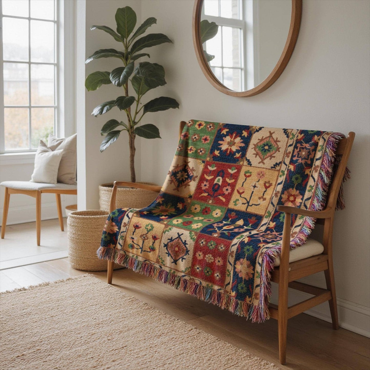 Anatolian Inspired woven blanket with floral pattern styled for layered home decor