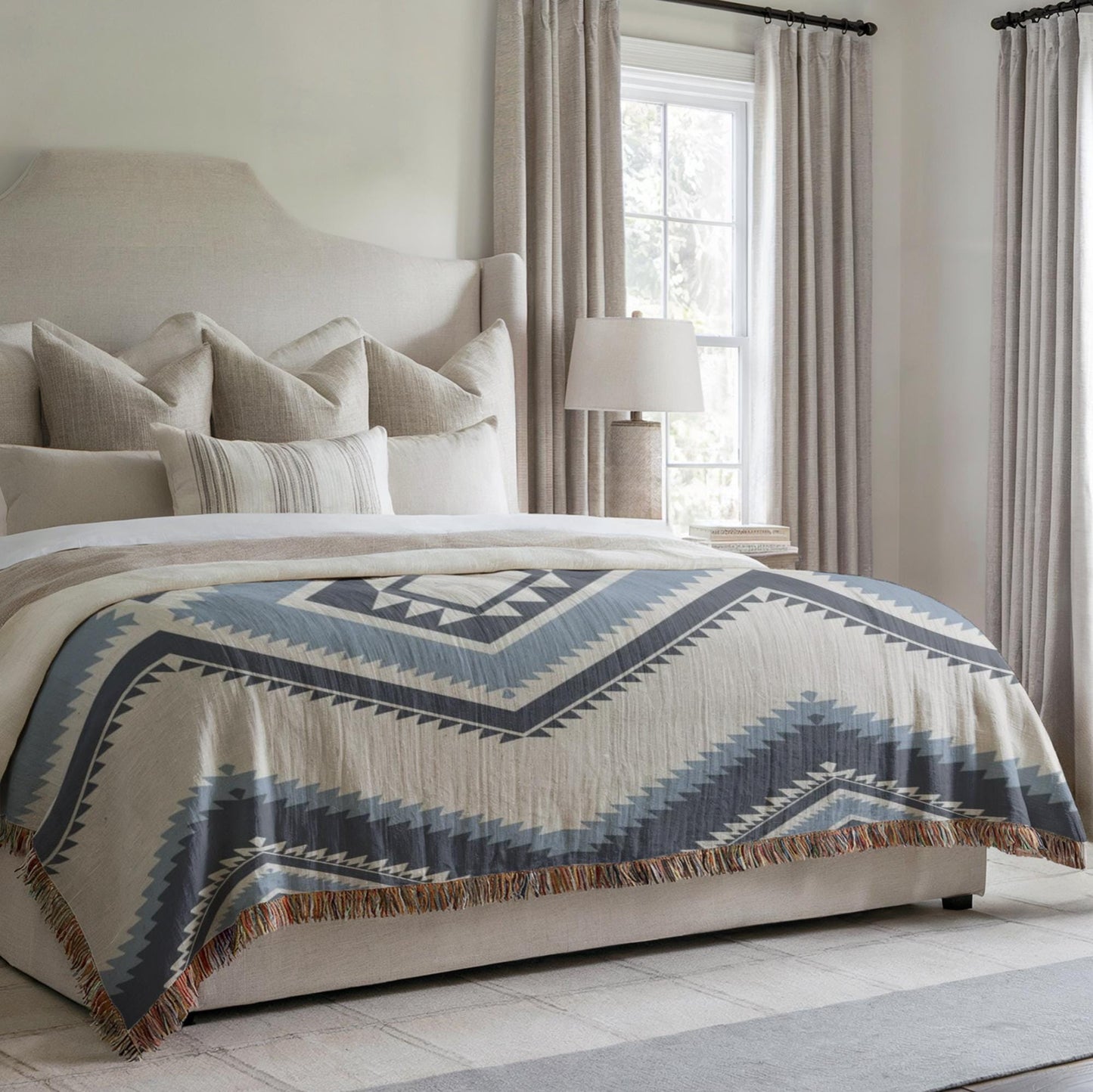 Southwestern woven blanket with geometric pattern styled for layered home decor