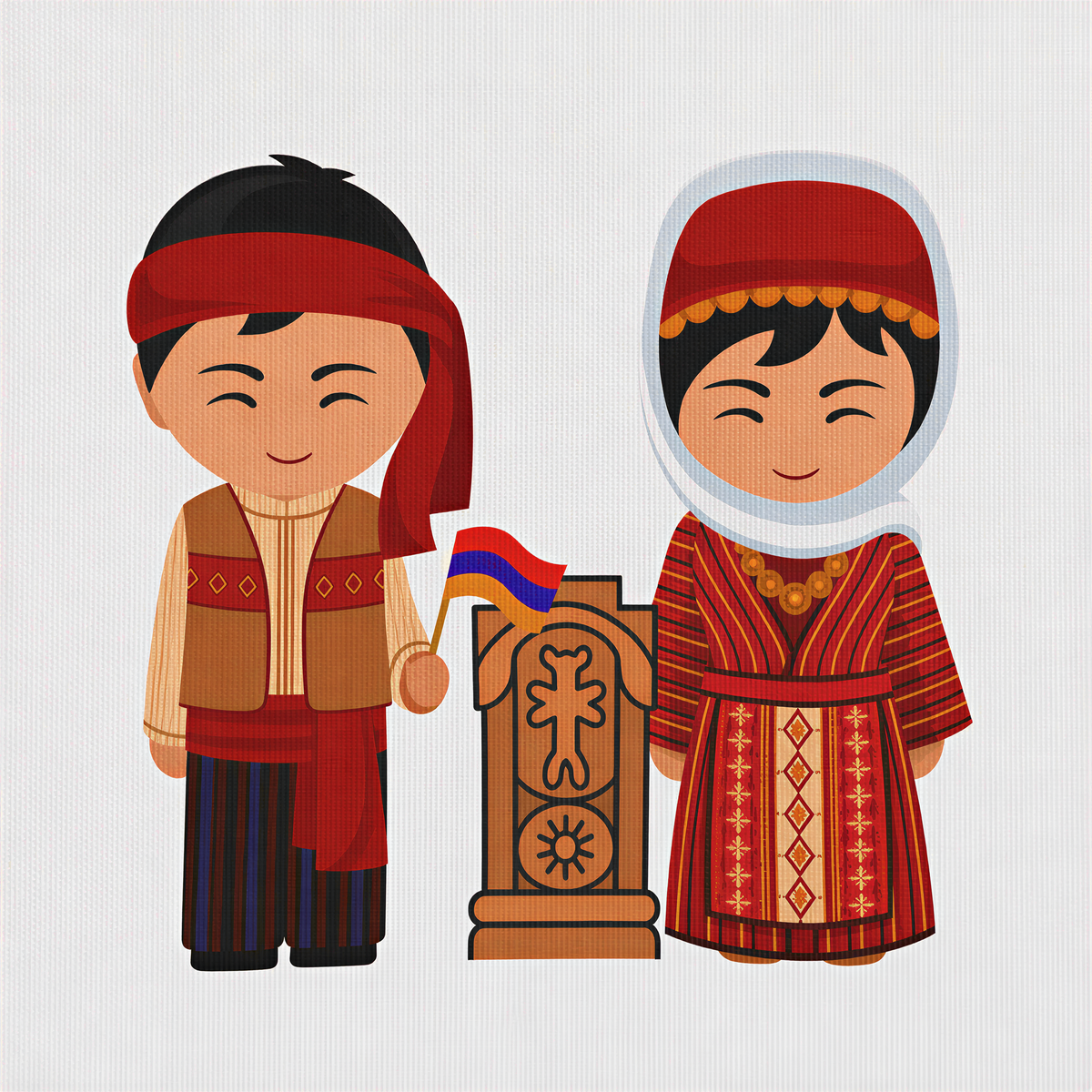 Close view of a boy and girl in Armenian traditional dress beside a khachkar and a small Armenian flag