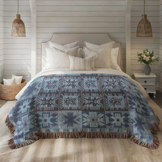 Scandi Woven Blanket – Cozy Bed Throw With Fringed Edge, Nordic Bedding Decor