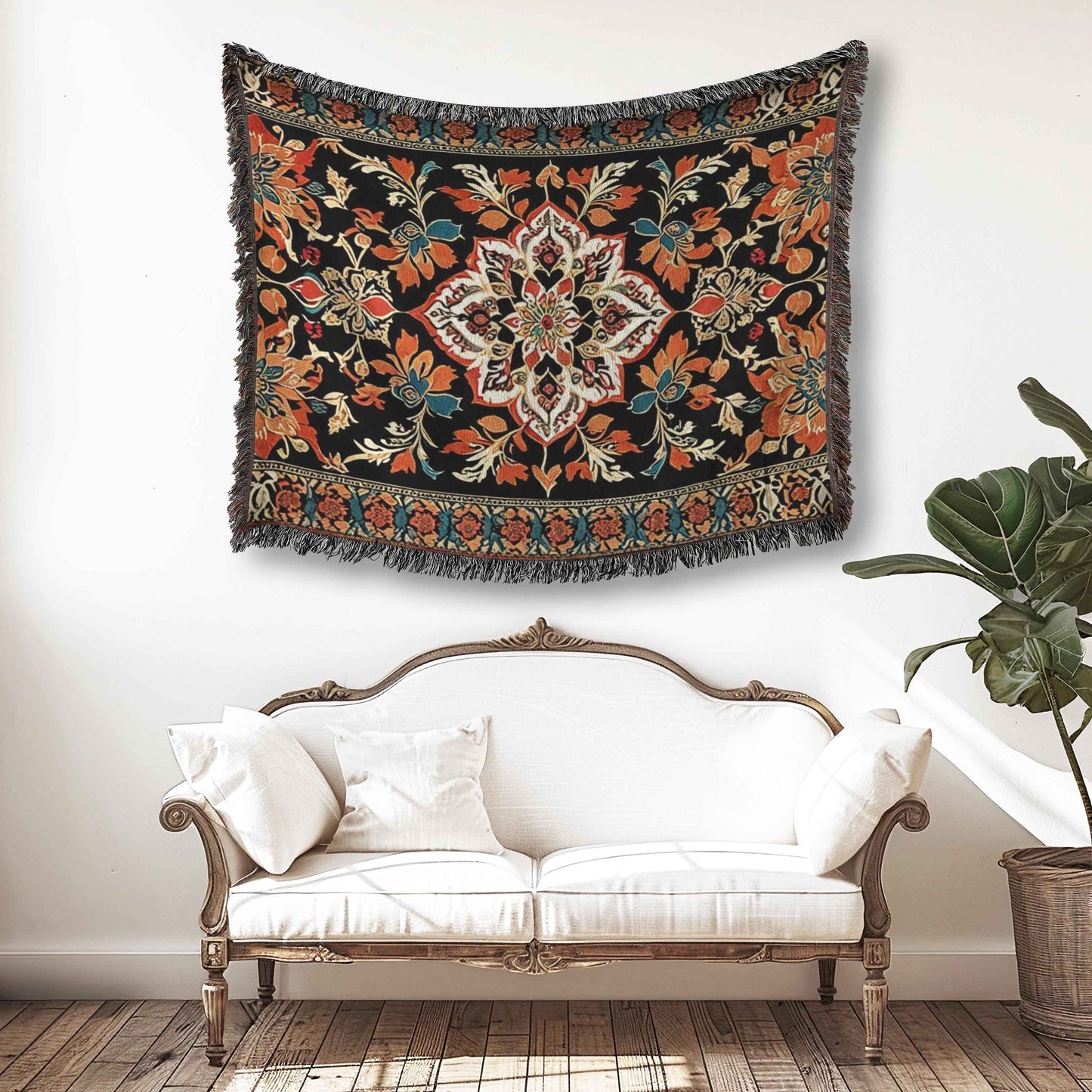 Anatolian Inspired woven wall tapestry with rug-style pattern styled as textile wall decor