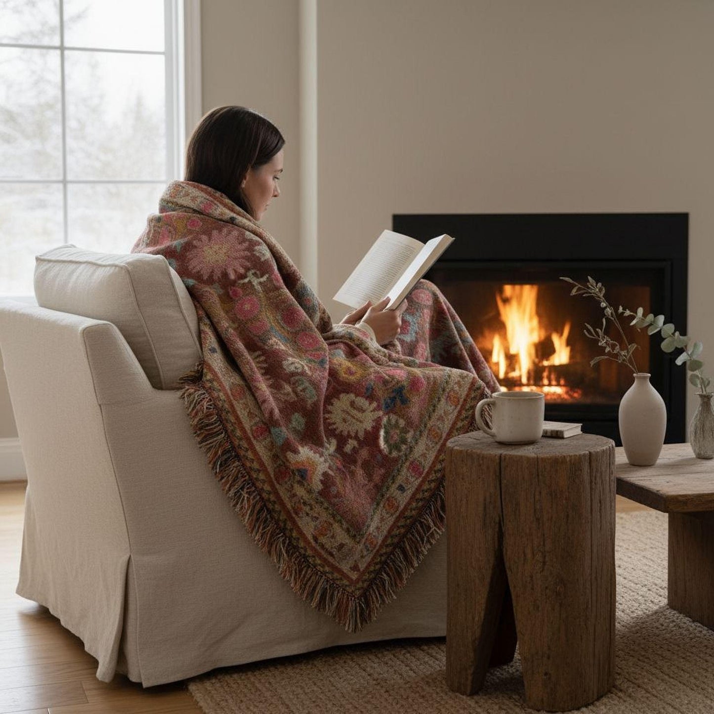 Boho woven blanket with rug-style pattern styled for layered home decor