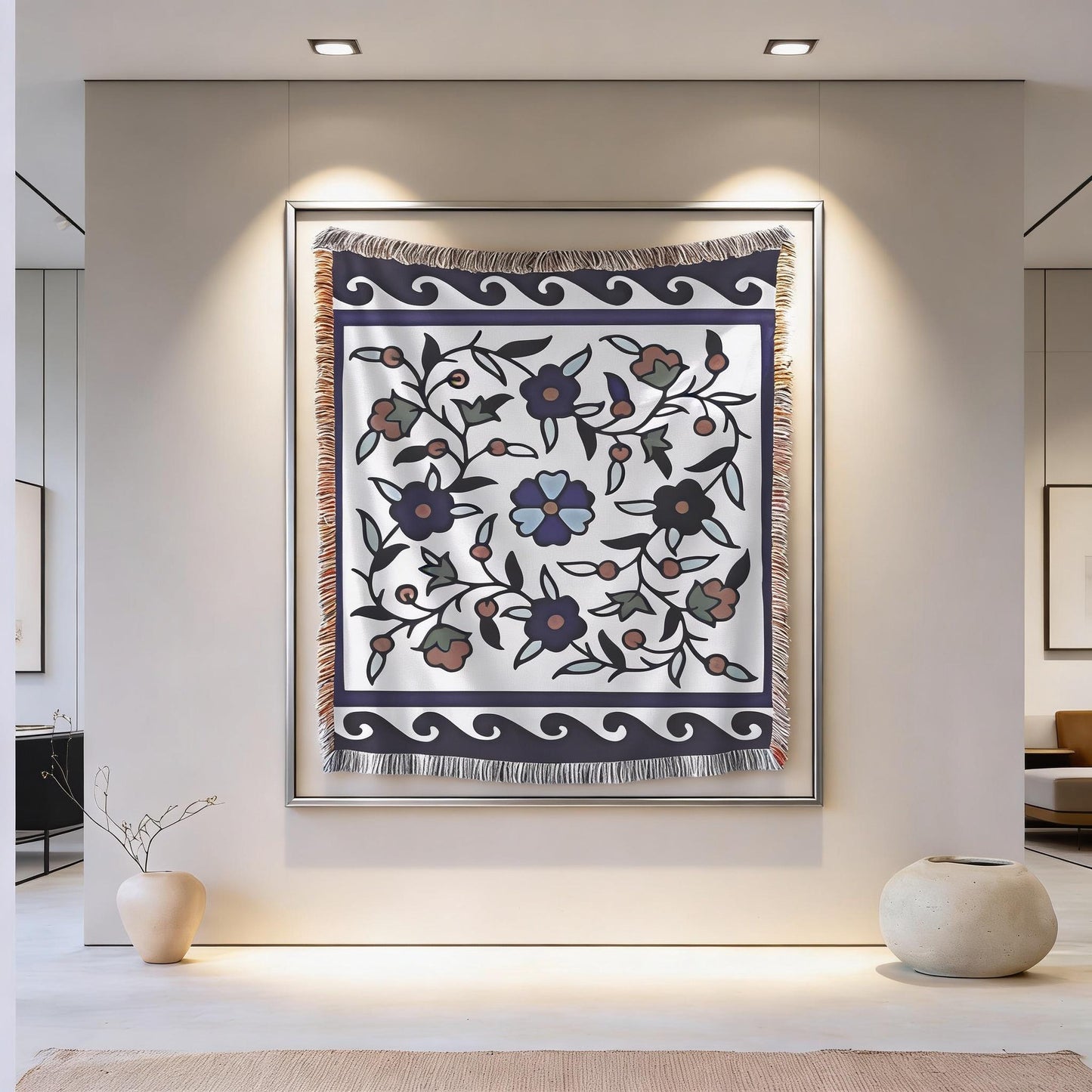 Anatolian Inspired woven wall tapestry with rug-style pattern styled as textile wall decor