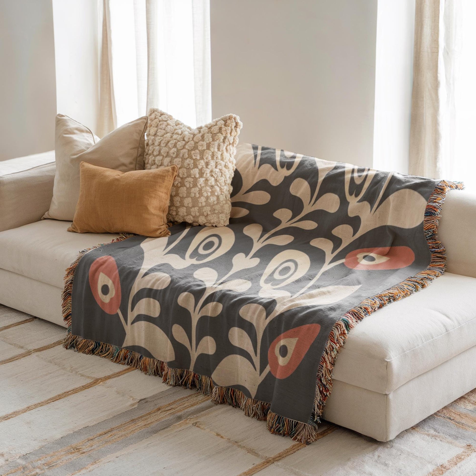 Floral Bouquet Blanket - Matisse Inspired Cotton Woven Throw with Colorful Fringed Edges