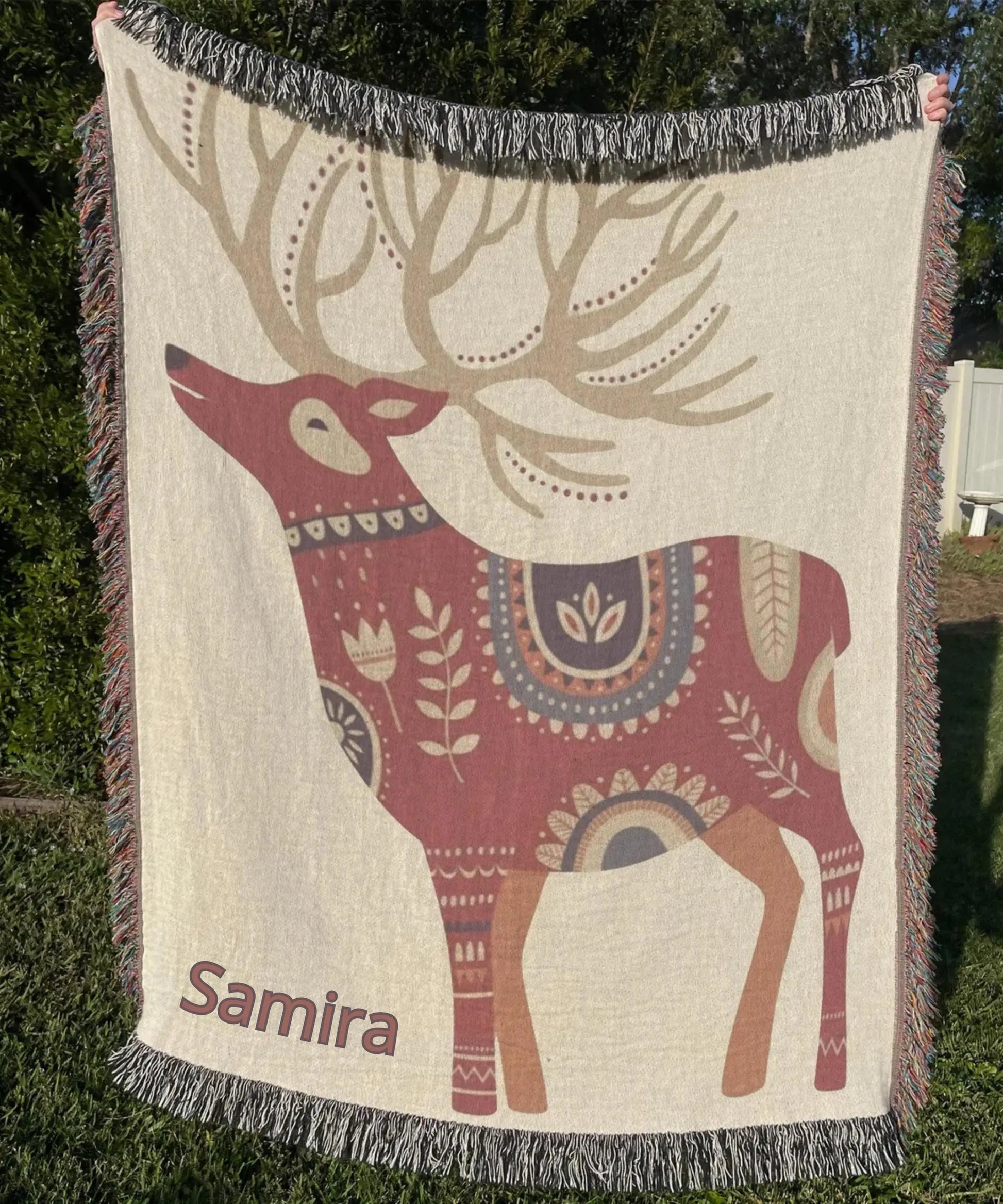 Dala Reindeer Blanket – Scandinavian Throw Woven Cotton Blanket for Cozy Nordic Bedspread