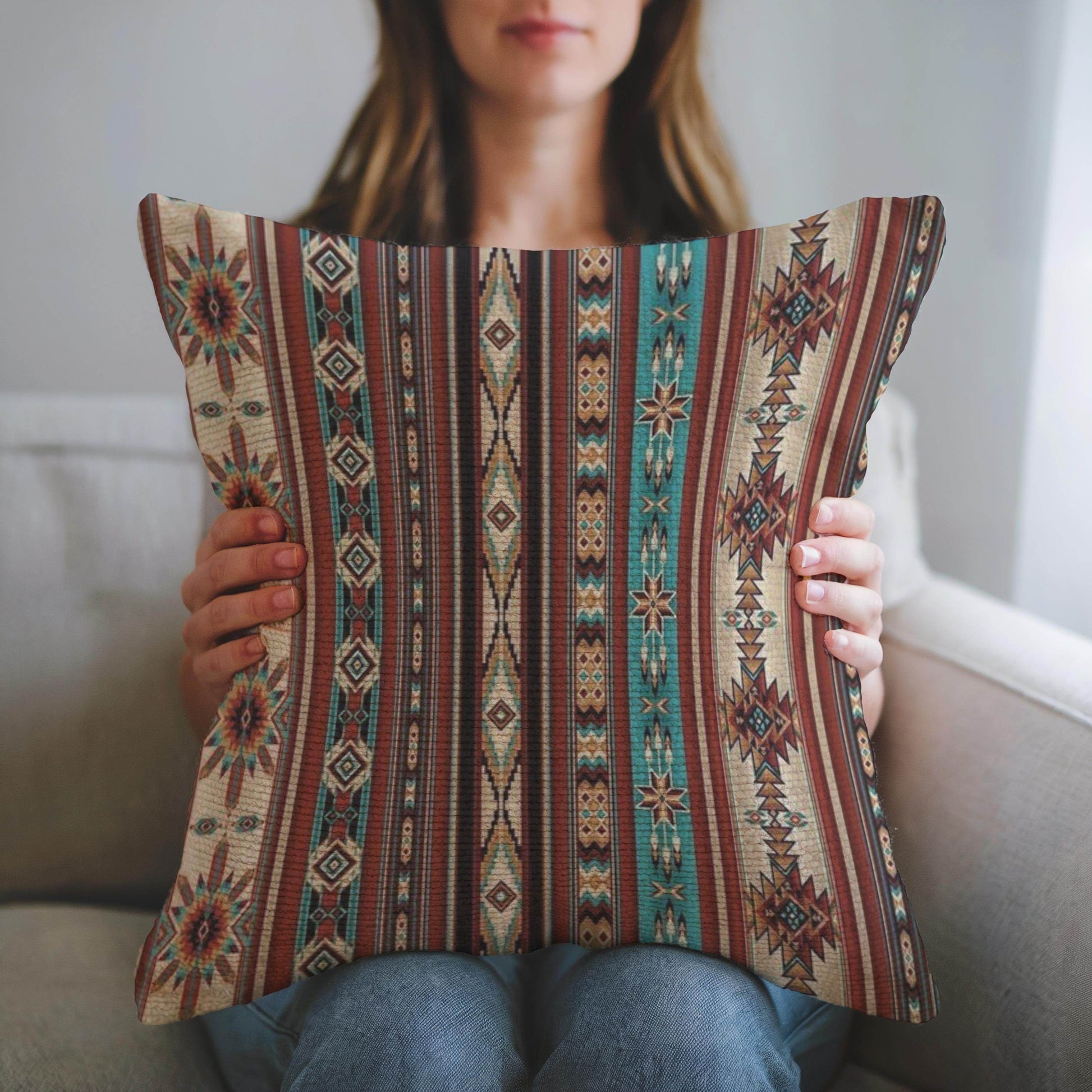 Boho Ikat Throw Pillow - Rustic Woven Cotton Cushion with Colorful Fringed Edges - timelessbohochic.com
