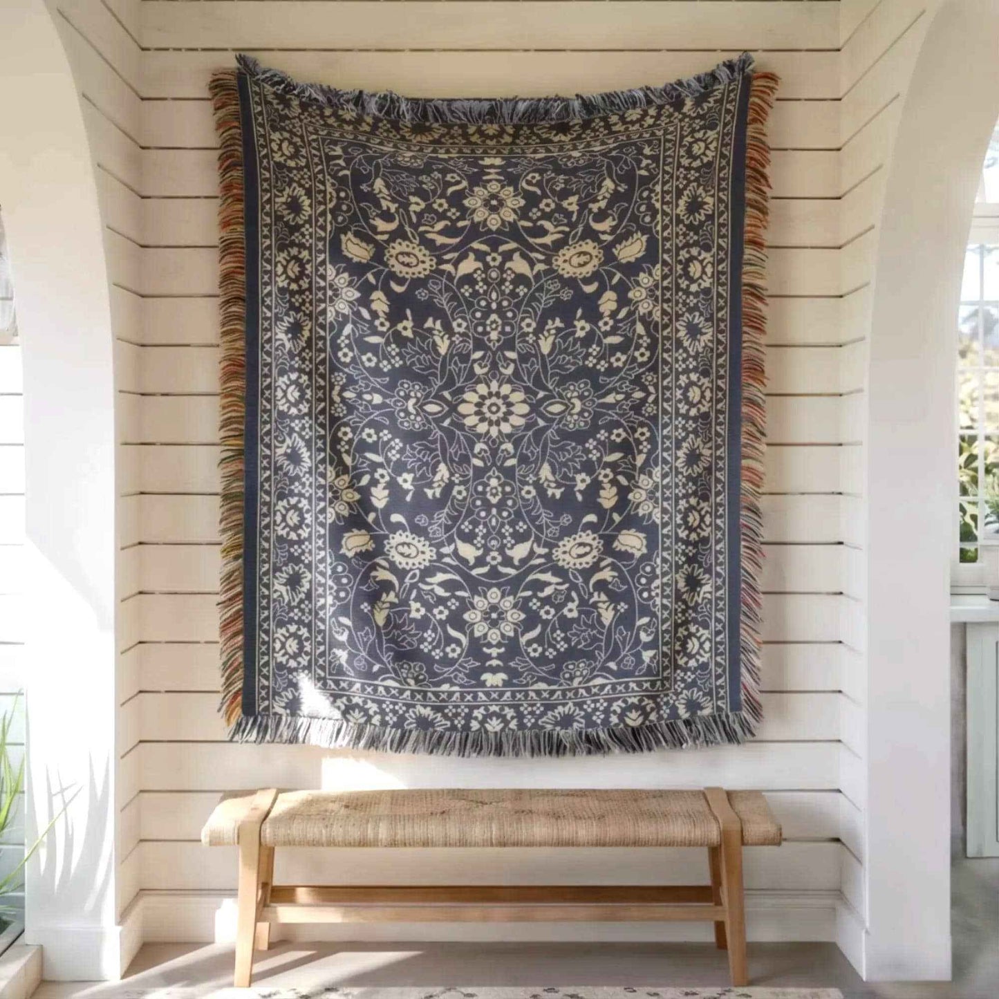 Anatolian Inspired woven wall tapestry with rug-style pattern styled as textile wall decor