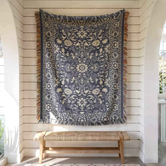 Anatolian Inspired woven wall tapestry with rug-style pattern styled as textile wall decor