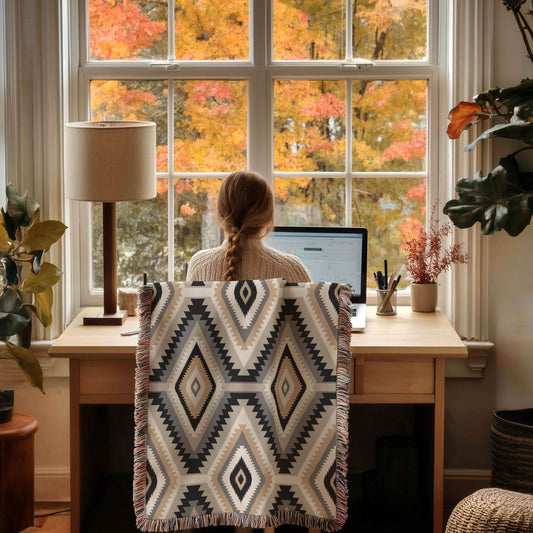 Tribal Pattern Throw Blanket - Cotton Cozy Fall Accent With Fringed Edges - timelessbohochic.com
