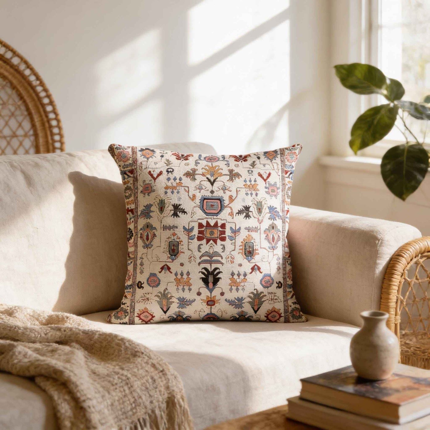 Anatolian Inspired pillow cover with rug-style pattern styled on a sofa or bed