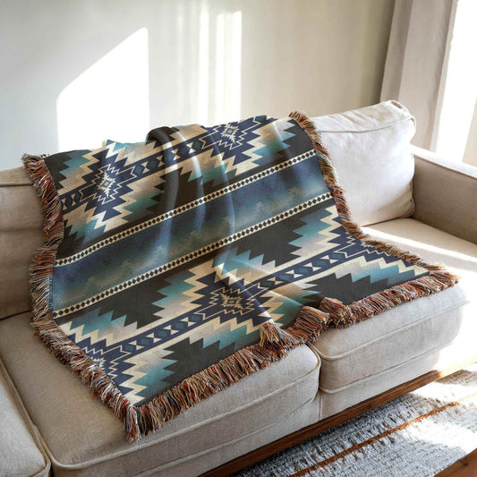 Native American Tribal Blanket - Cozy Cotton Woven Throw with Fringed Edges - timelessbohochic.com