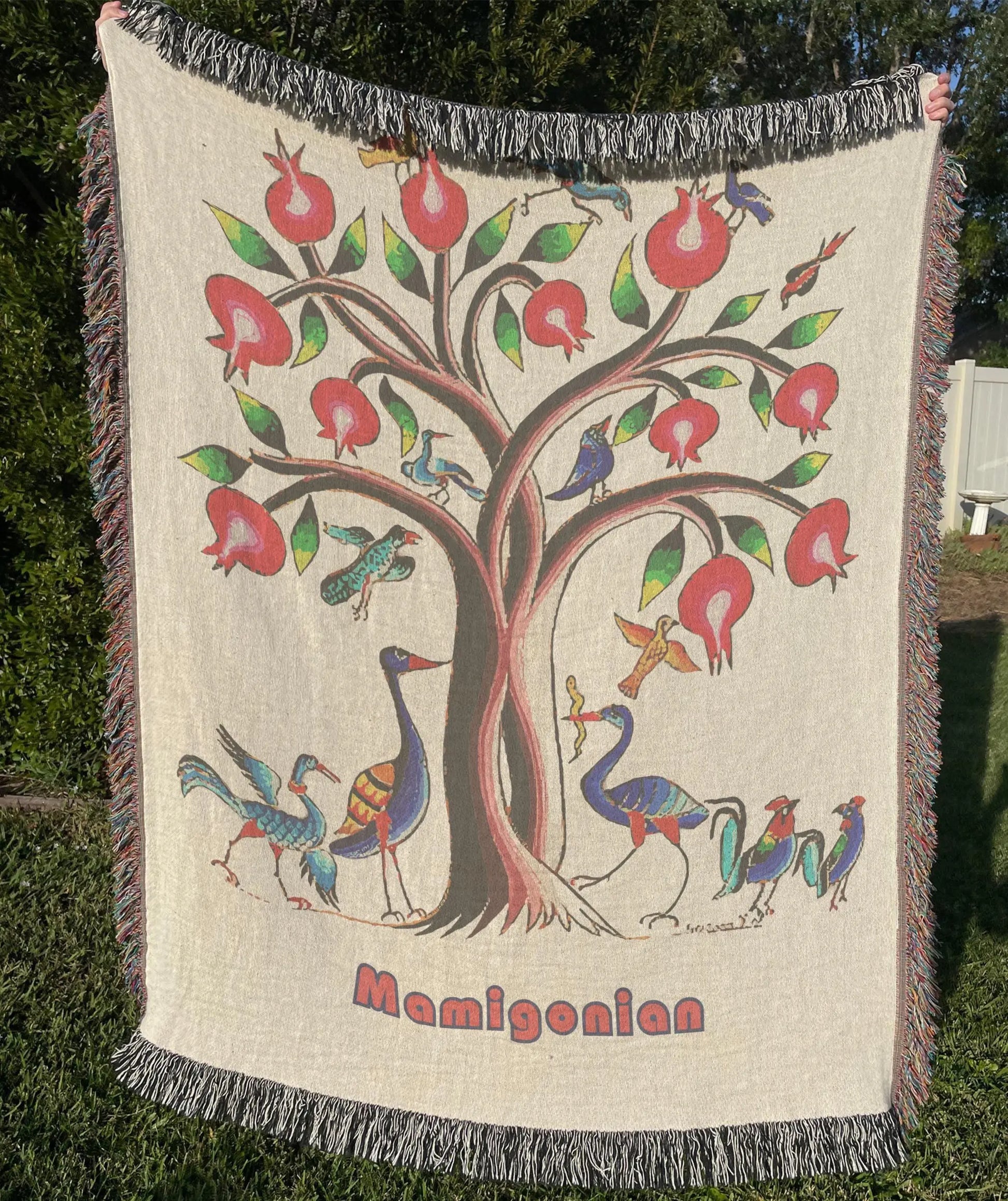 Armenian Tree of Life Blanket - Soft Cotton Woven Throw With Fringe Edge