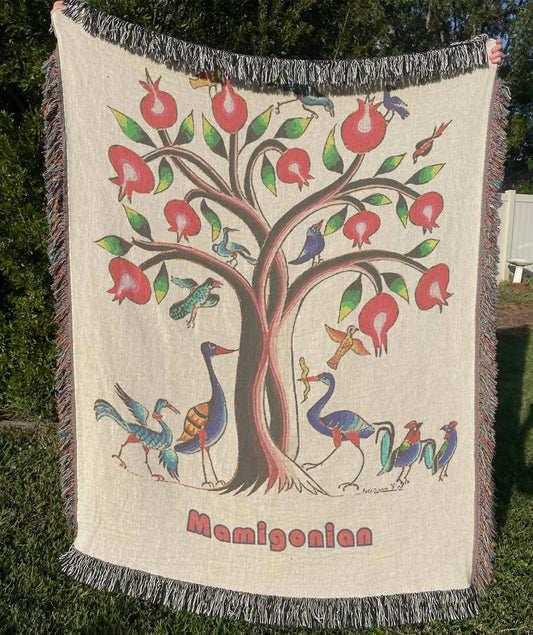 Armenian Tree of Life Blanket - Soft Cotton Woven Throw With Fringe Edge