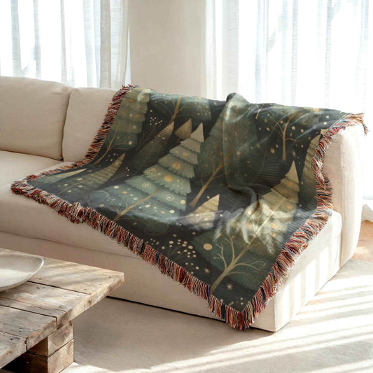 Woven Christmas Blanket - Cotton Holiday Throw With Festive Forest Design & Fringed Edges - timelessbohochic.com