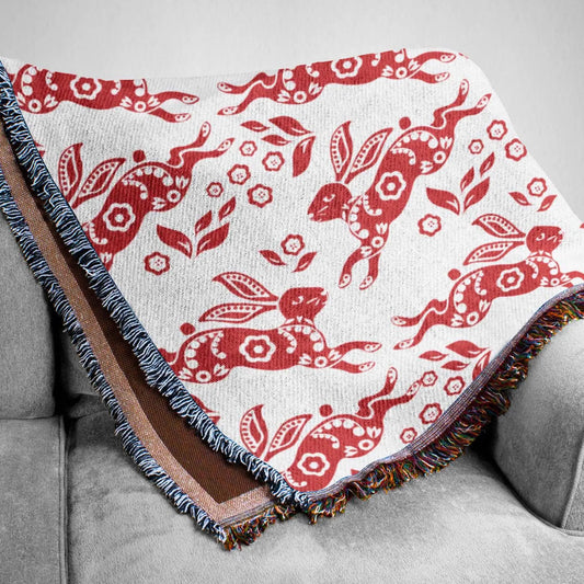 Nordic Cotton Throw – Cozy Boho Sofa Blanket With Dala Bunny Design & Lightweight Picnic Wrap