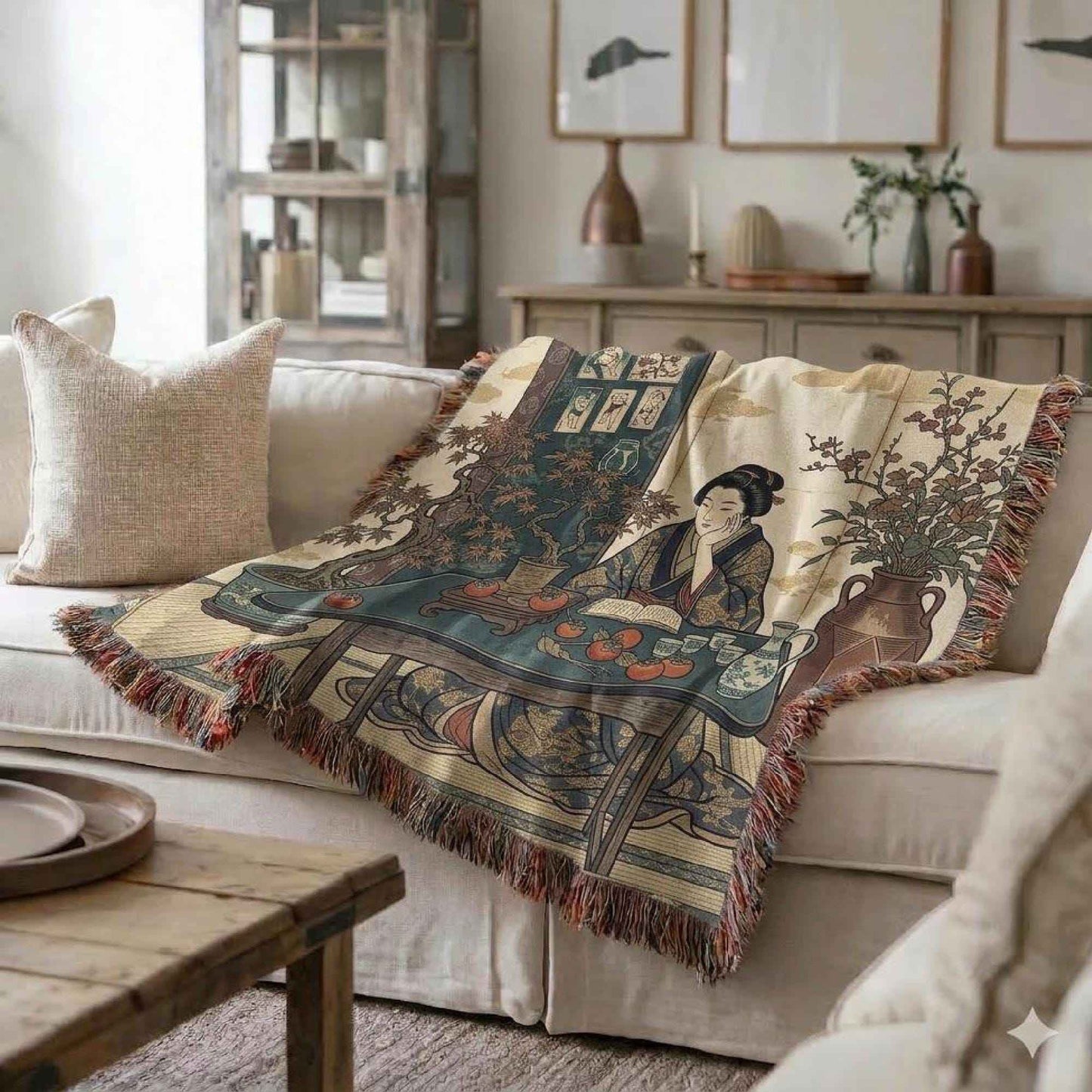 Boho woven blanket with woven pattern styled for layered home decor
