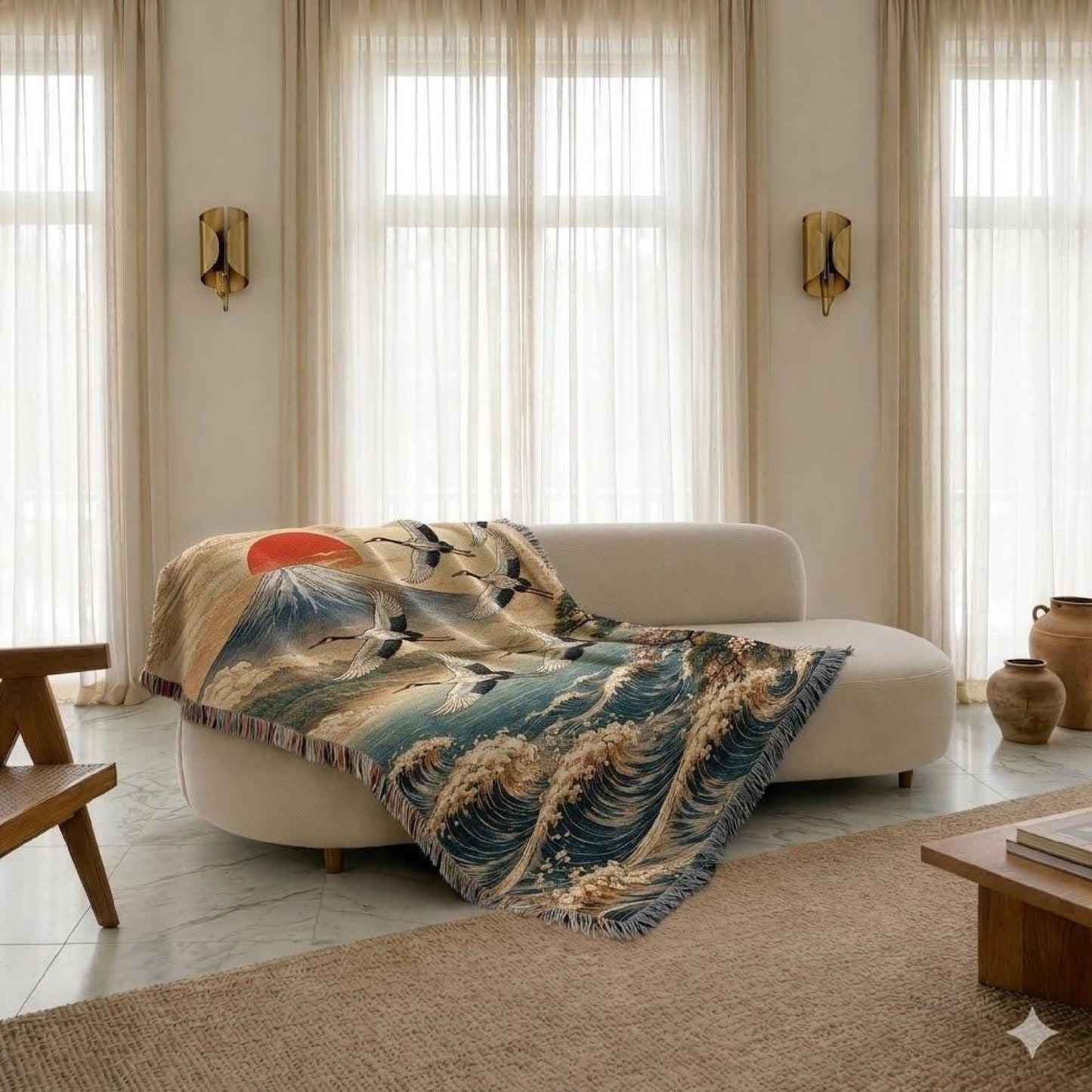 Modern Geometric woven blanket with geometric pattern styled for layered home decor