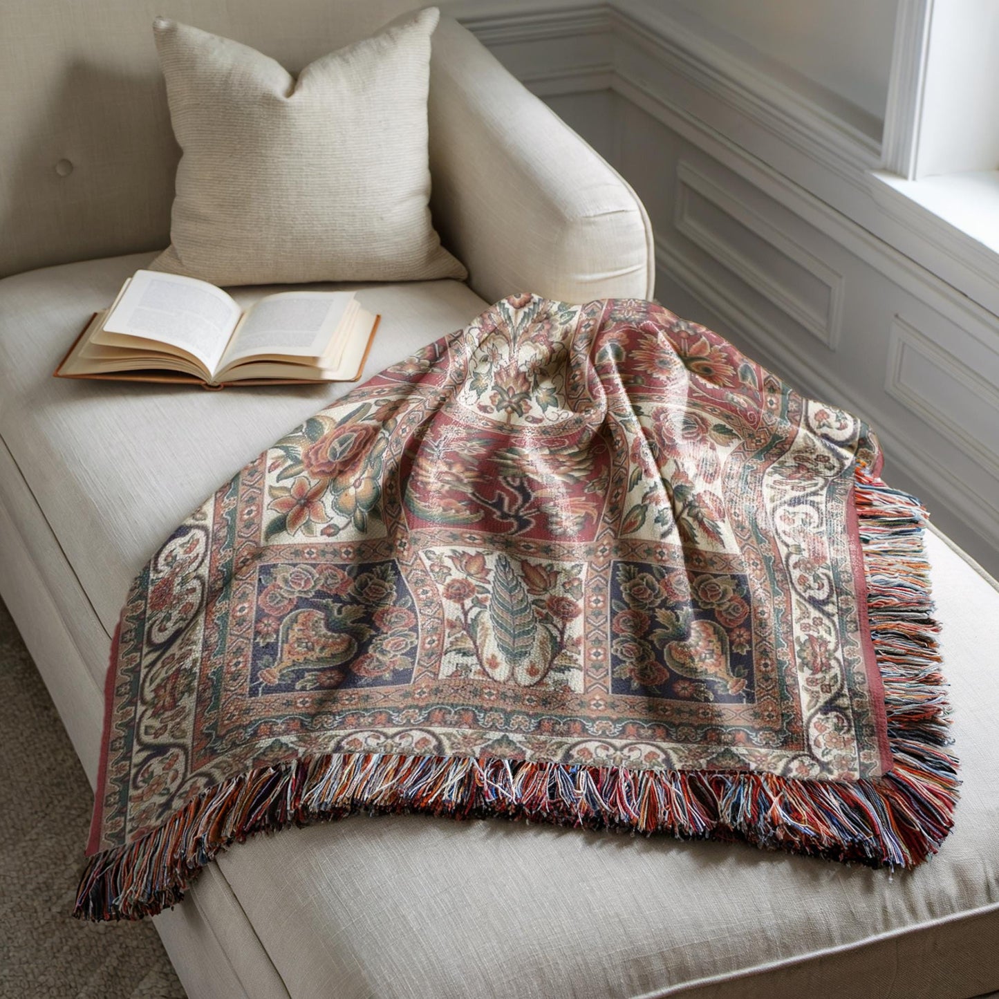 Anatolian Inspired woven blanket with floral pattern styled for layered home decor