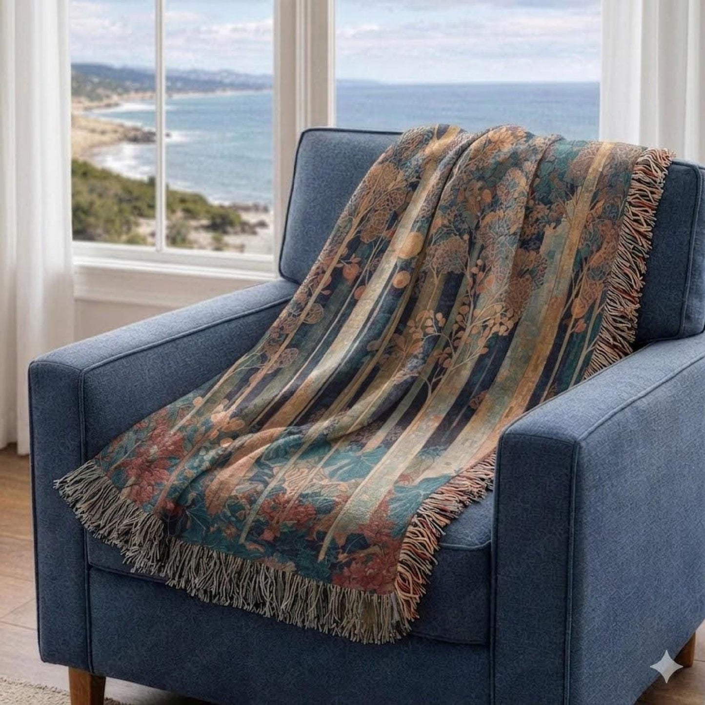 Modern Geometric woven blanket with geometric pattern styled for layered home decor