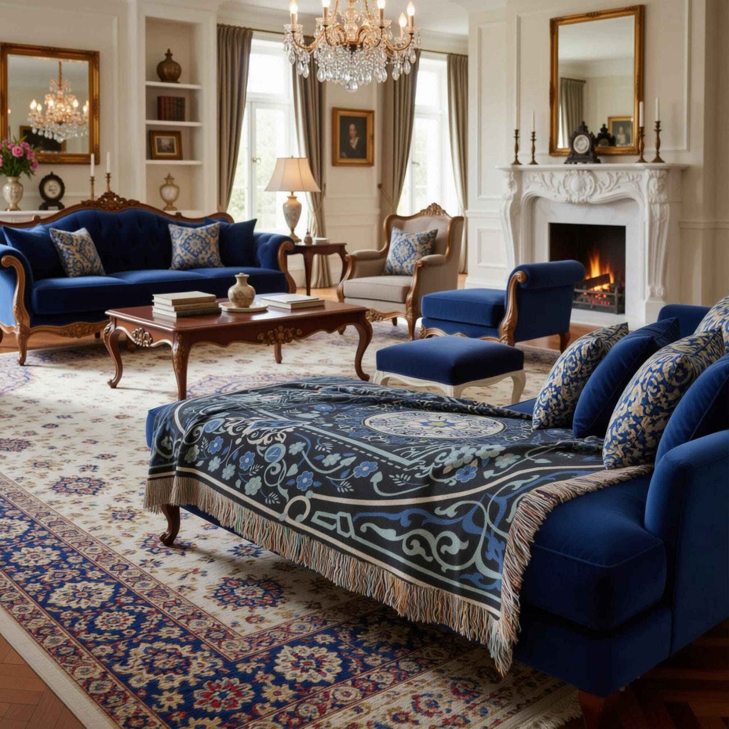 Anatolian Inspired woven blanket with rug-style pattern styled for layered home decor