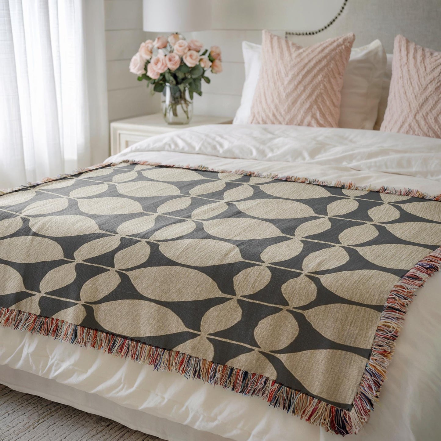 Modern Geometric woven blanket with geometric pattern styled for layered home decor