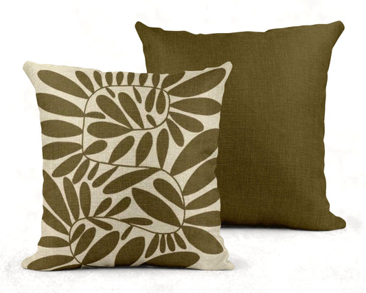 Woven Pillow - Mid Century Cushion with Scandi Leaves Pattern | Durable Cotton Blend