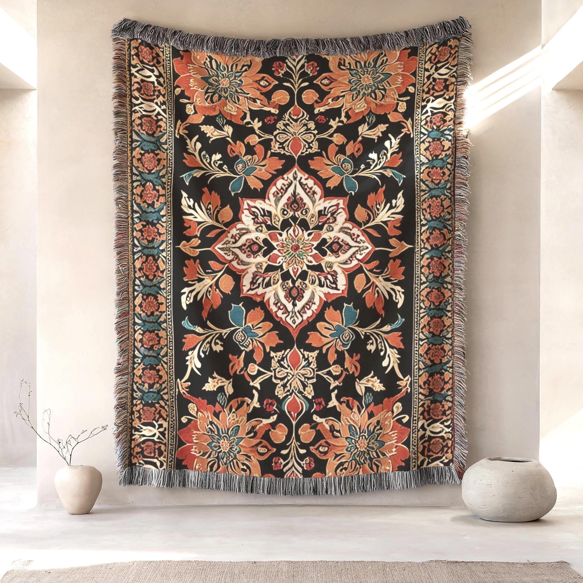 Persian Woven Tapestry - Orange Black Pattern Tapestry | Cozy Wall Hanging Decor