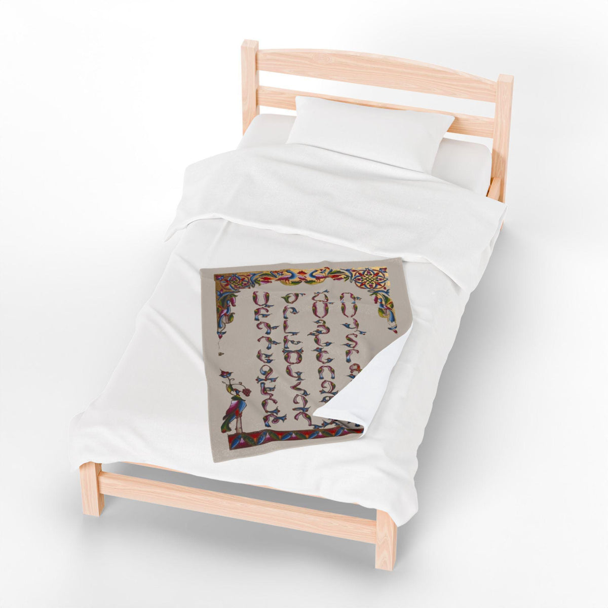 Armenian alphabet plush blanket, letters in red, blue, gold and green on cream