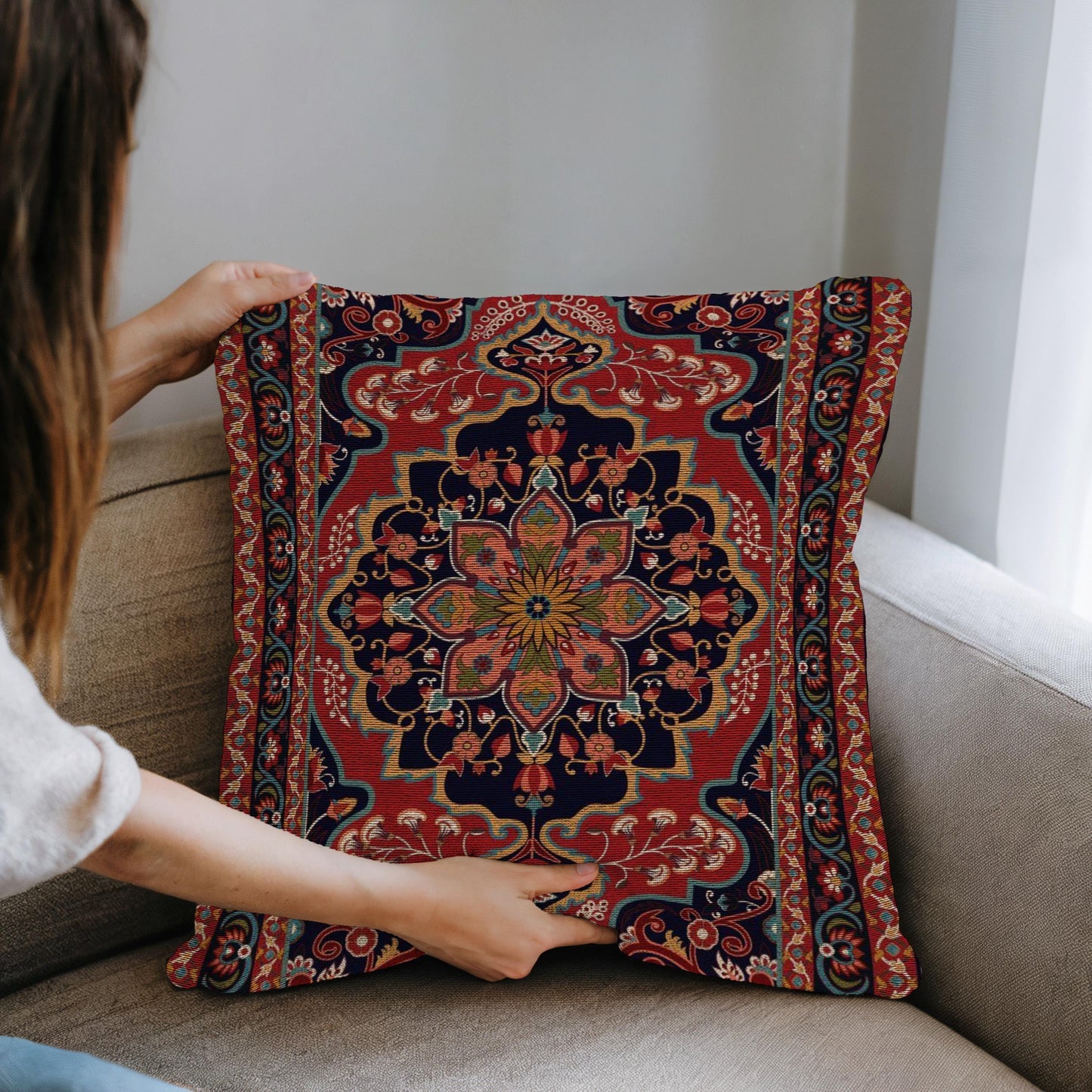 Anatolian Inspired throw pillow with rug-style pattern styled on a sofa or bed