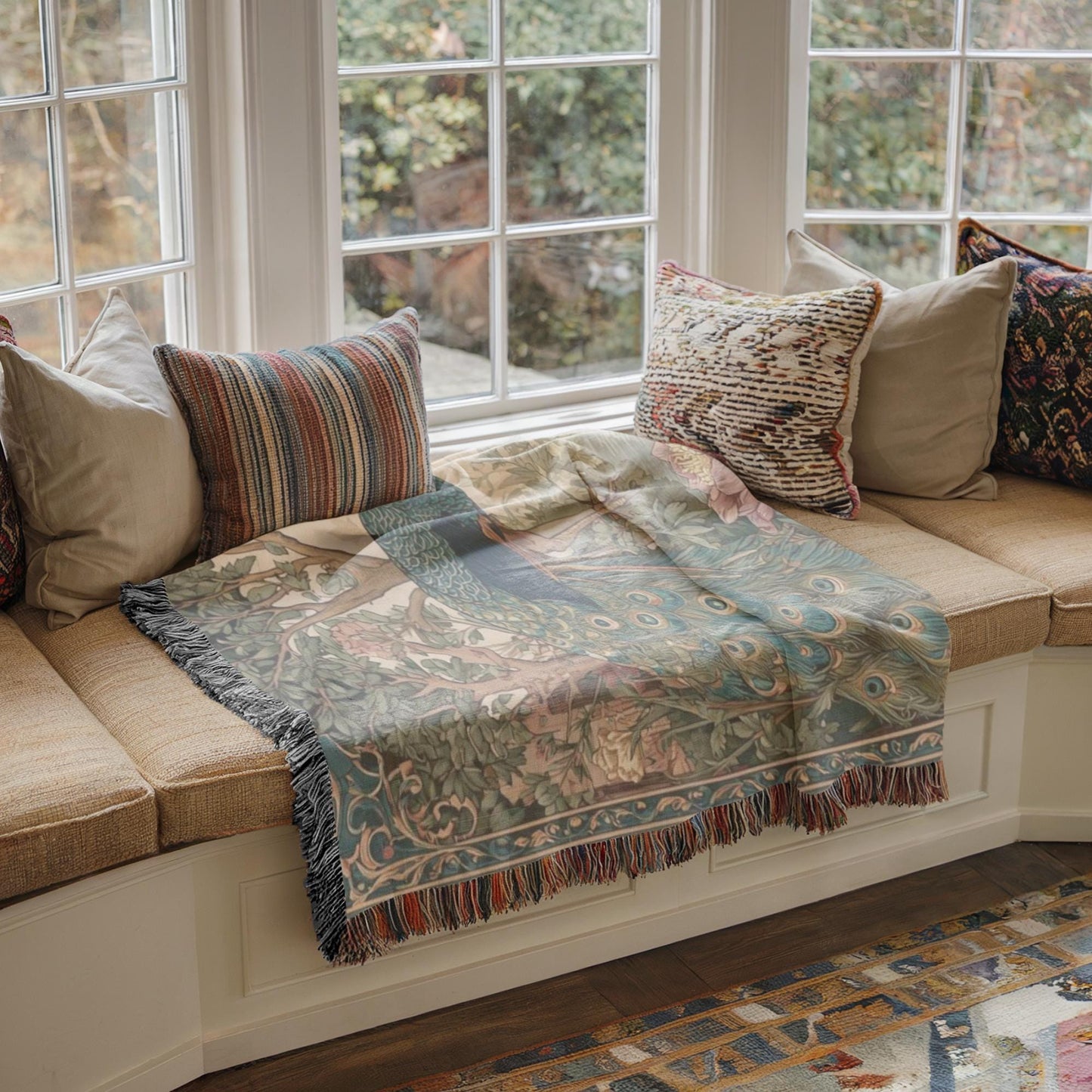 Modern Geometric woven blanket with geometric pattern styled for layered home decor