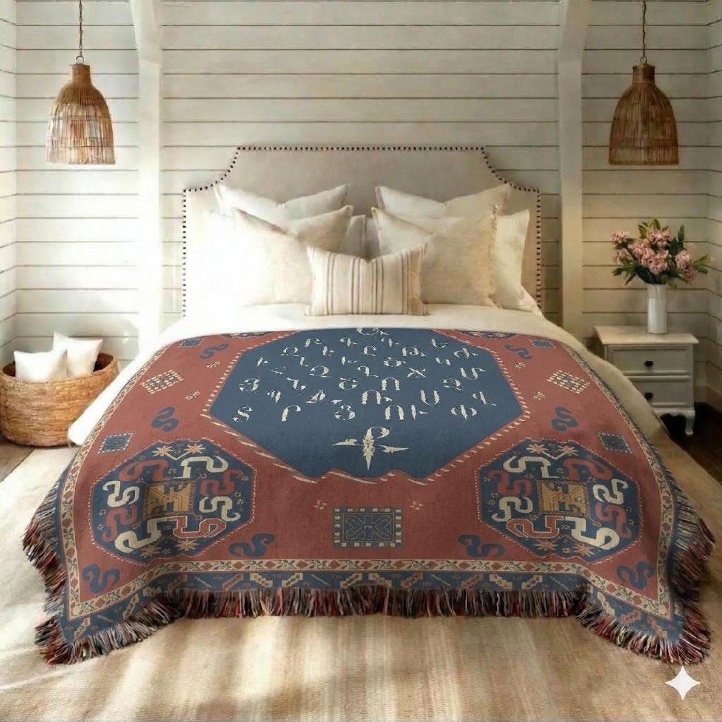 Modern Geometric woven blanket with geometric pattern styled for layered home decor