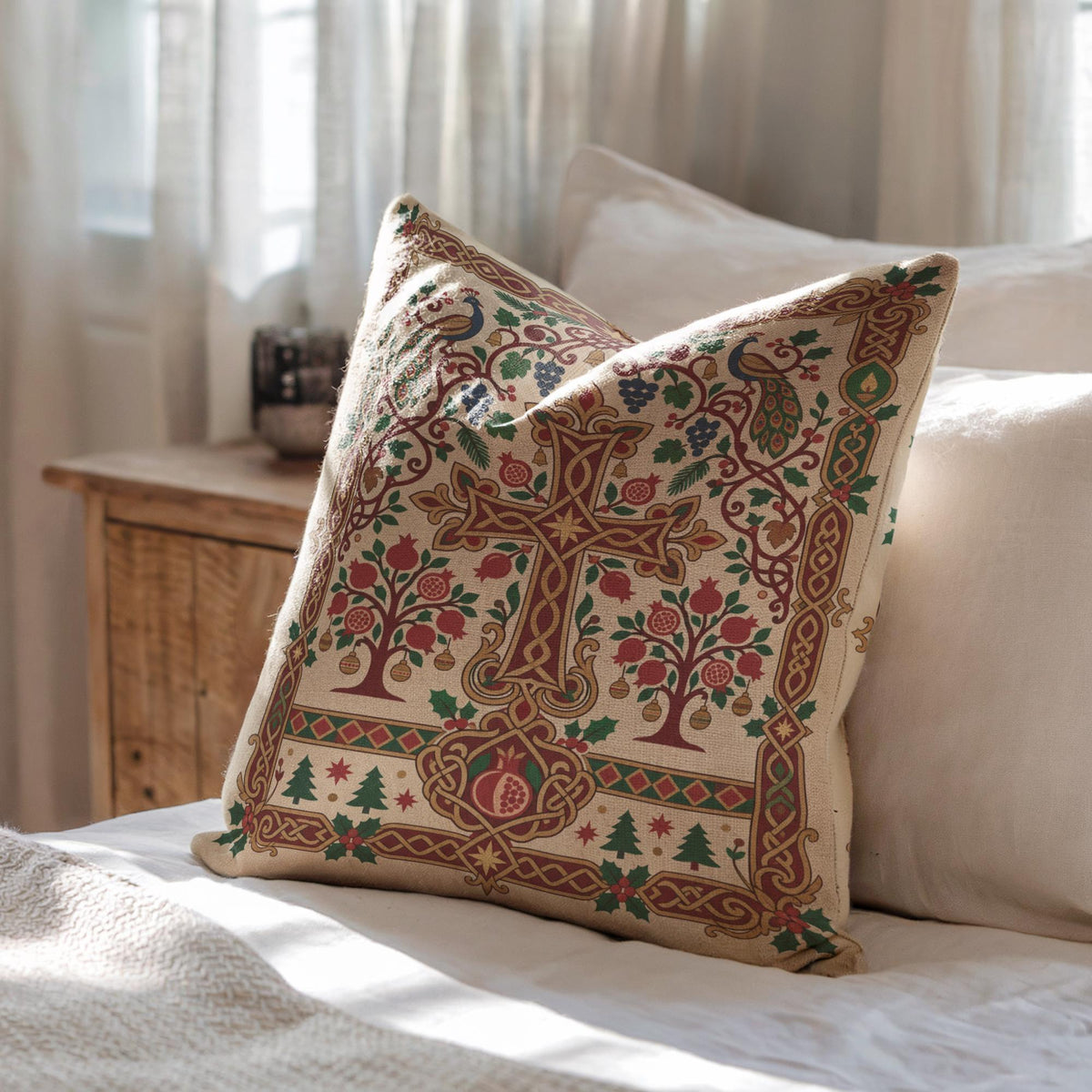 Armenian Christmas pillow resting on a bed, with a wooden dresser and window behind