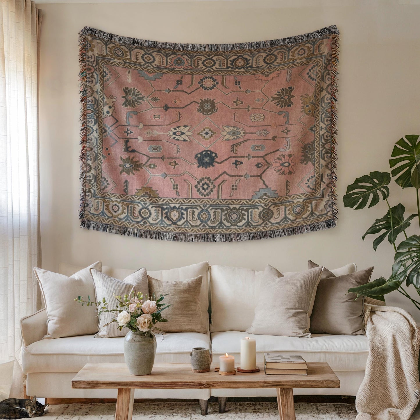 Southwestern woven wall tapestry with geometric pattern styled as textile wall decor