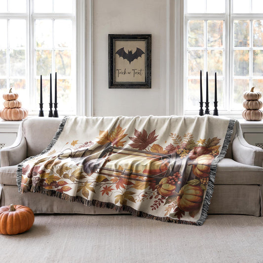 Woven Fall Blanket - Cozy Cotton Fringe Throw With Pumpkin Decor & Lantern Design