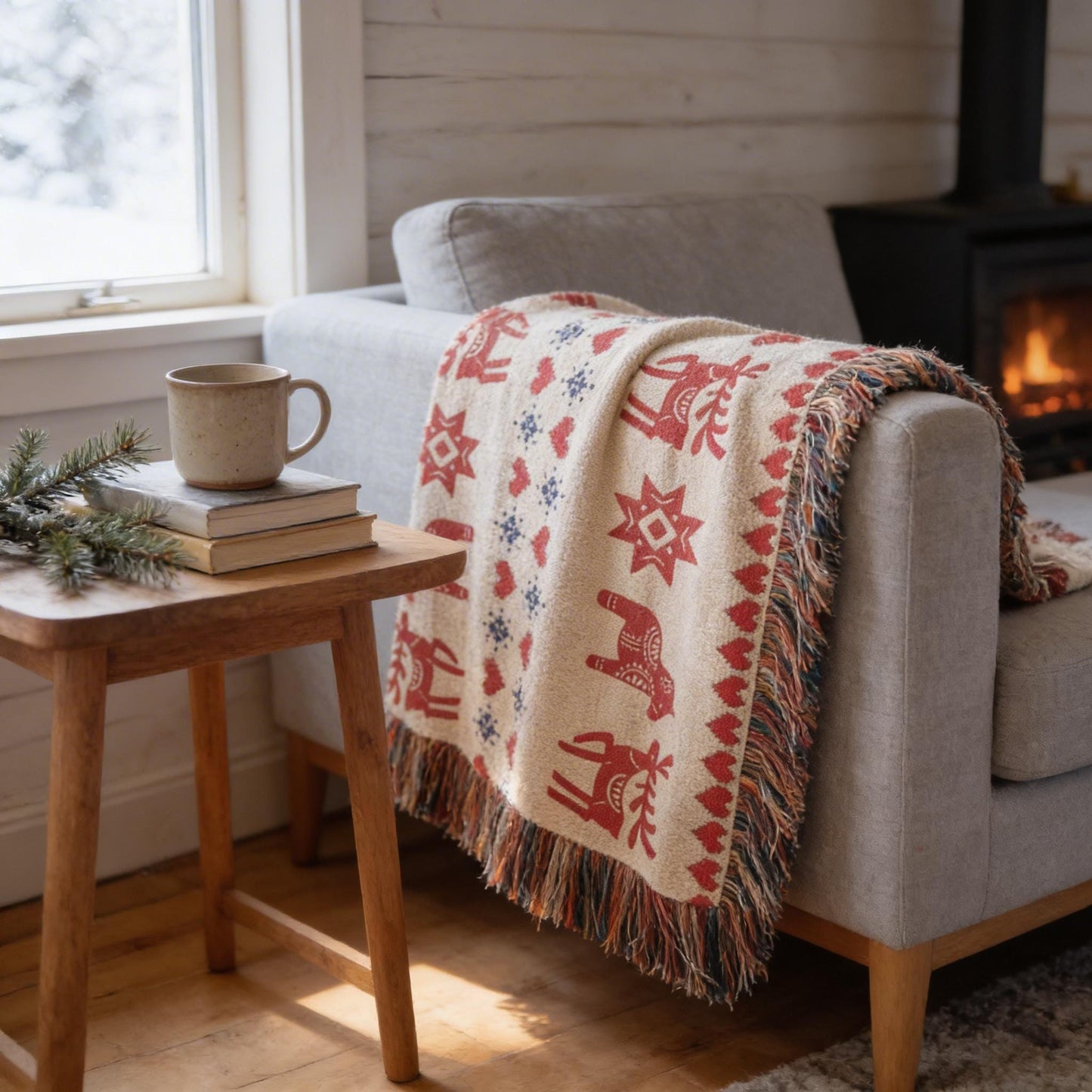 Scandinavian Inspired woven blanket with rug-style pattern styled for layered home decor