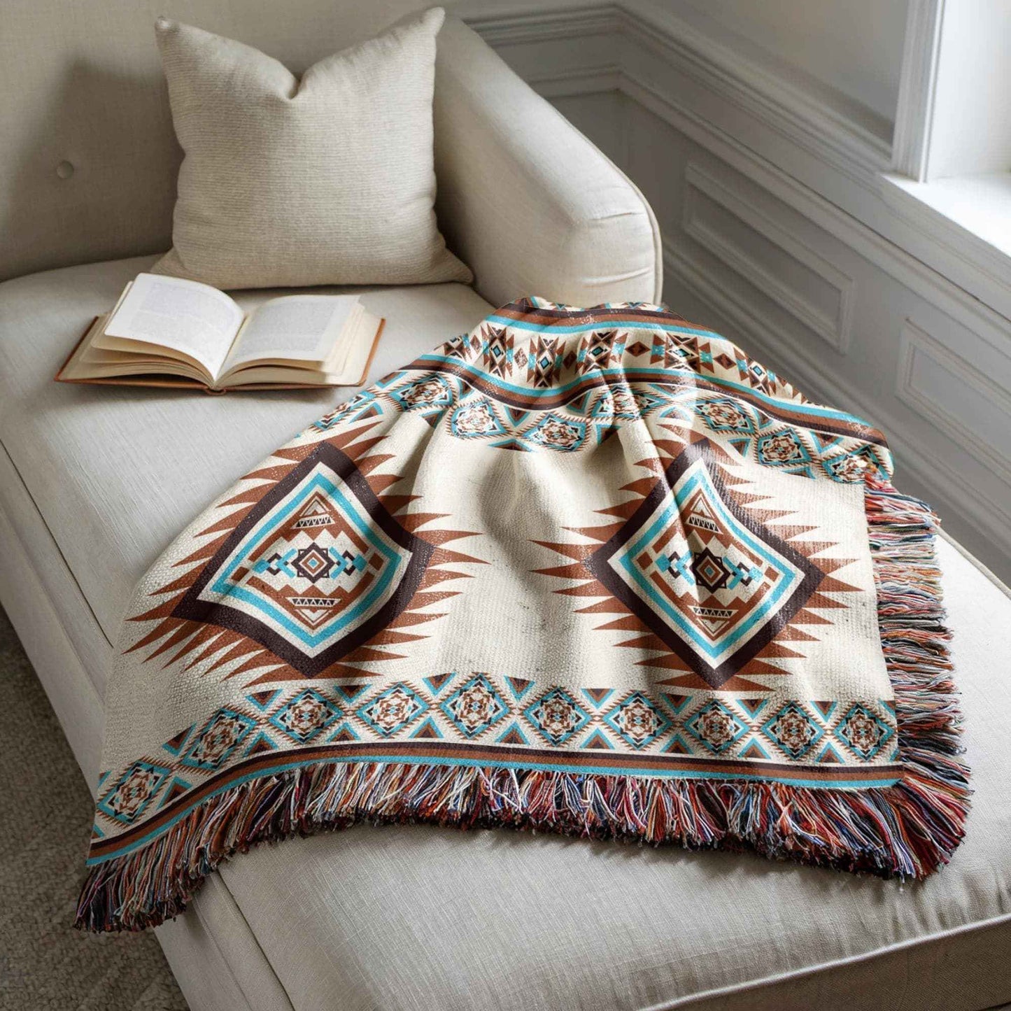 Southwestern woven blanket with geometric pattern styled for layered home decor