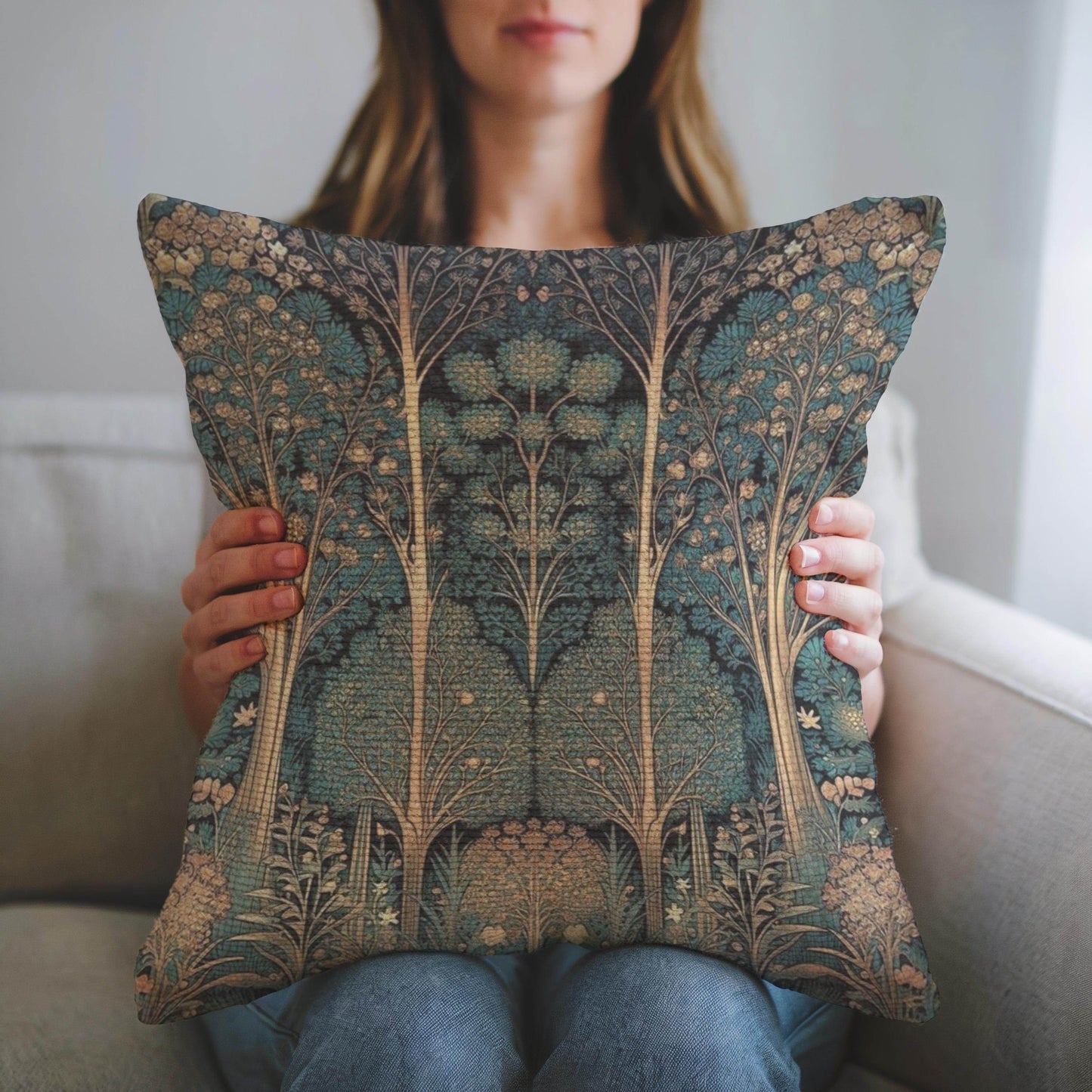Art Deco Pillow – Woven Cotton Cushion with Insert | Elegant Forestcore Design - timelessbohochic.com