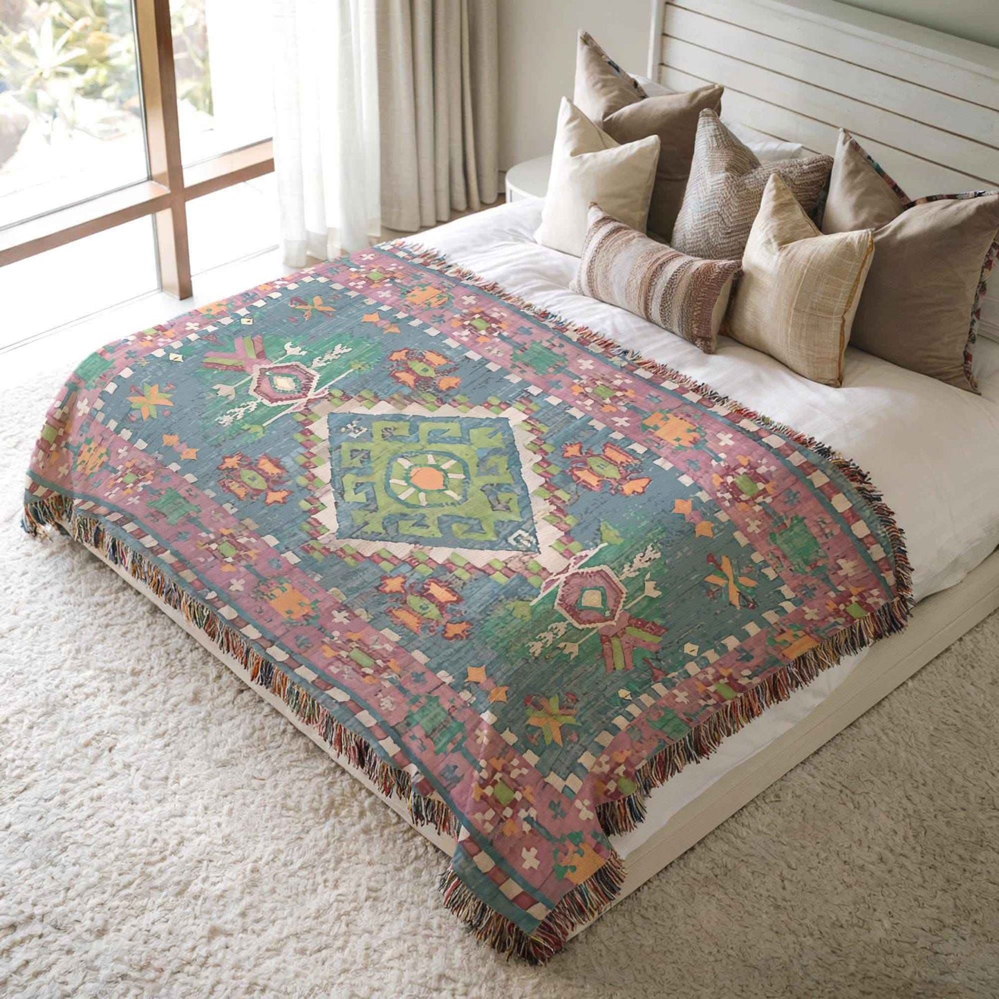 Moroccan Inspired woven blanket with woven pattern styled for layered home decor