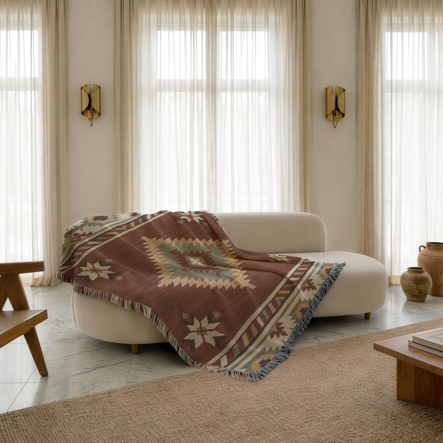 Southwestern woven blanket with geometric pattern styled for layered home decor