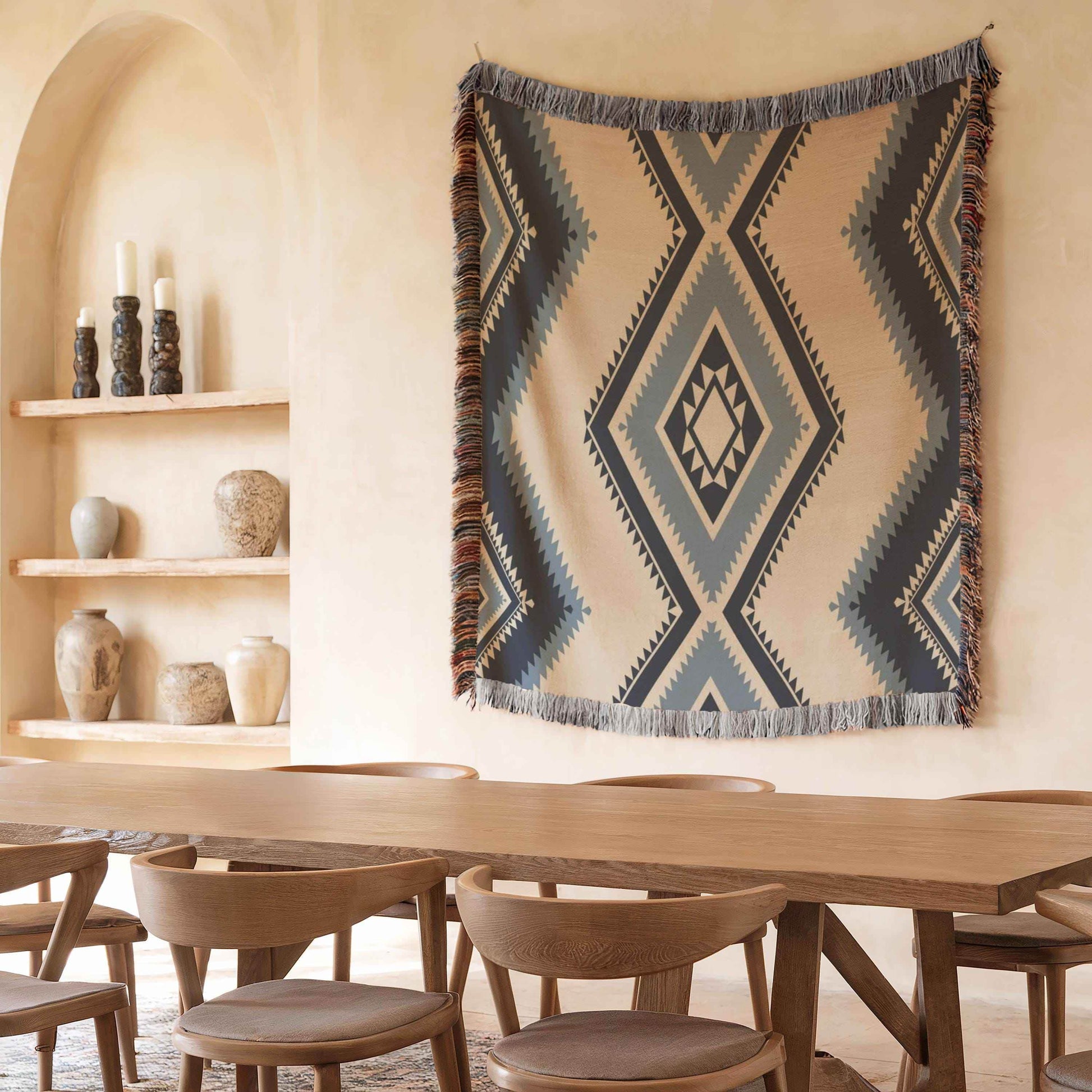 Tribal Woven Tapestry – Southwestern Wall Hanging With Colorful Fringed Edges - timelessbohochic.com