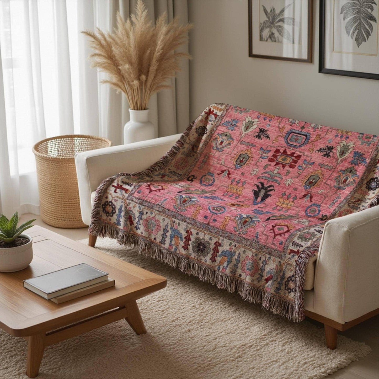Anatolian Inspired woven blanket with rug-style pattern styled for layered home decor