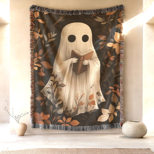 Cute Ghost Tapestry – Cozy Cotton Throw With Reading Ghost Design & Fringed Edge