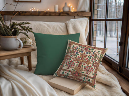 a cozy and inviting living space with a large window overlooking a snowy landscape. The room is decorated with a green throw pillow, a white throw pillow, and a book, creating a warm and comfortable atmosphere.