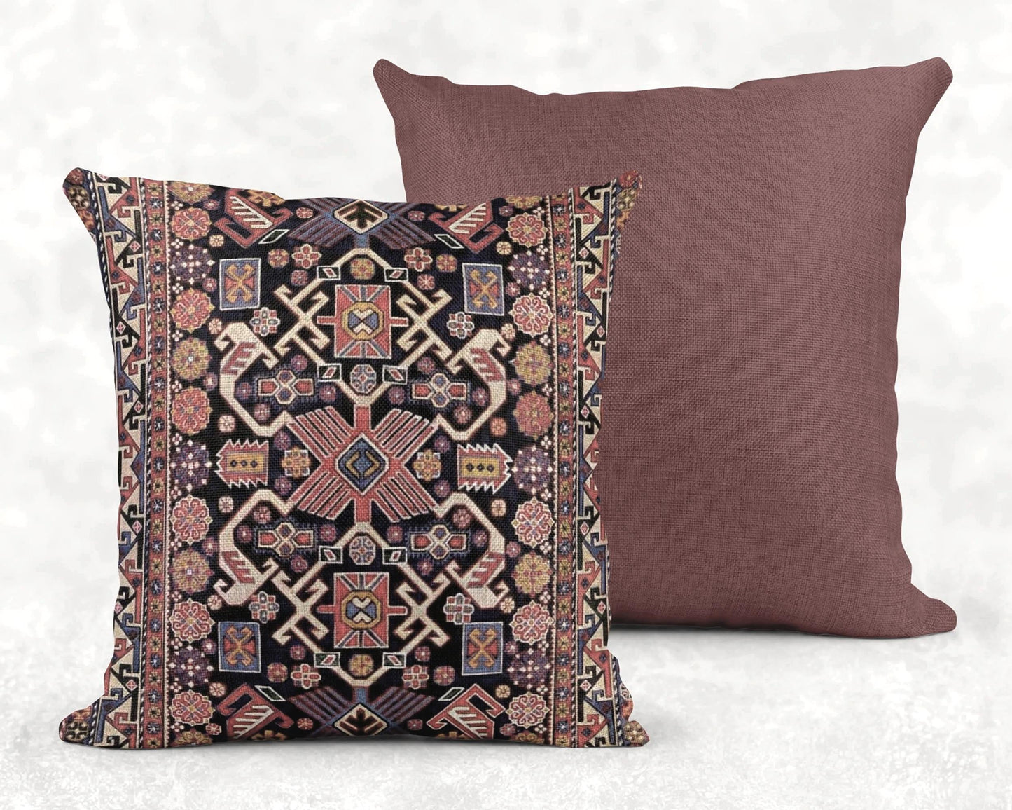 Anatolian Inspired woven blanket with rug-style pattern styled for layered home decor