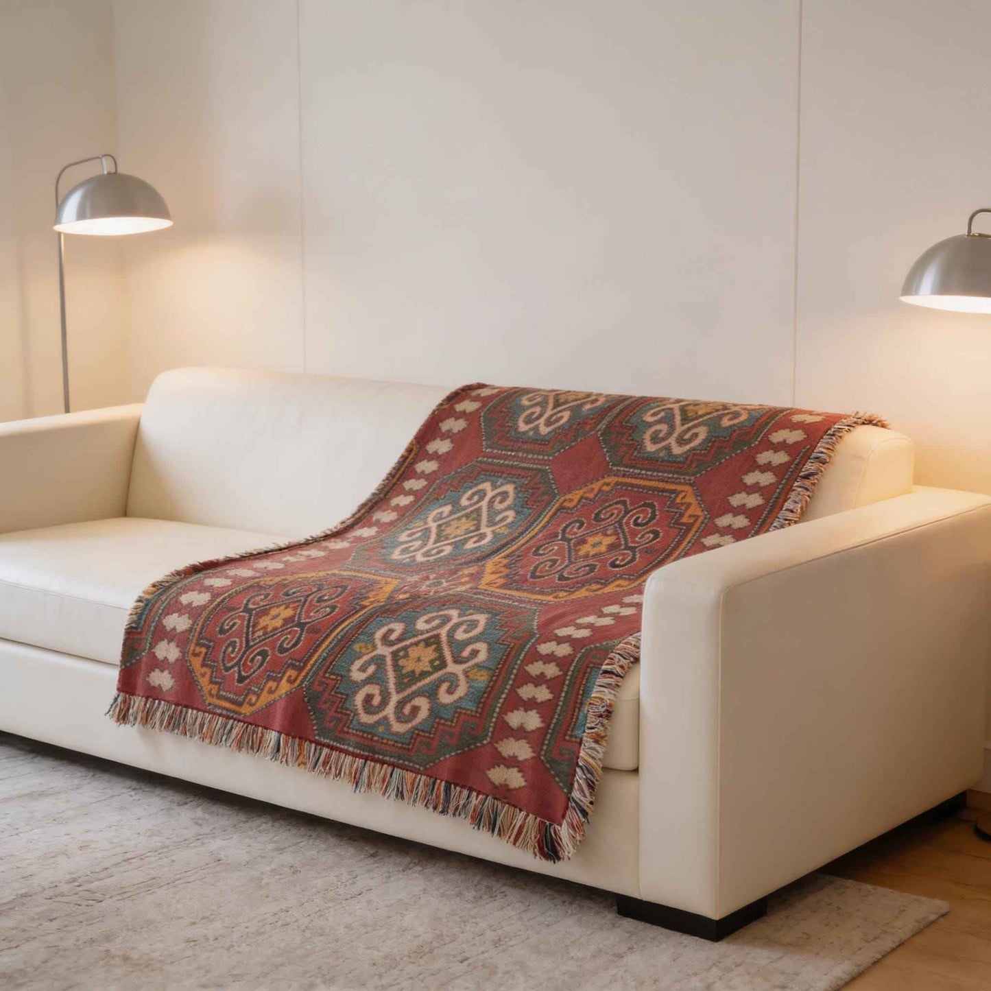 Caucasian Rug Inspired woven blanket with geometric pattern styled for layered home decor