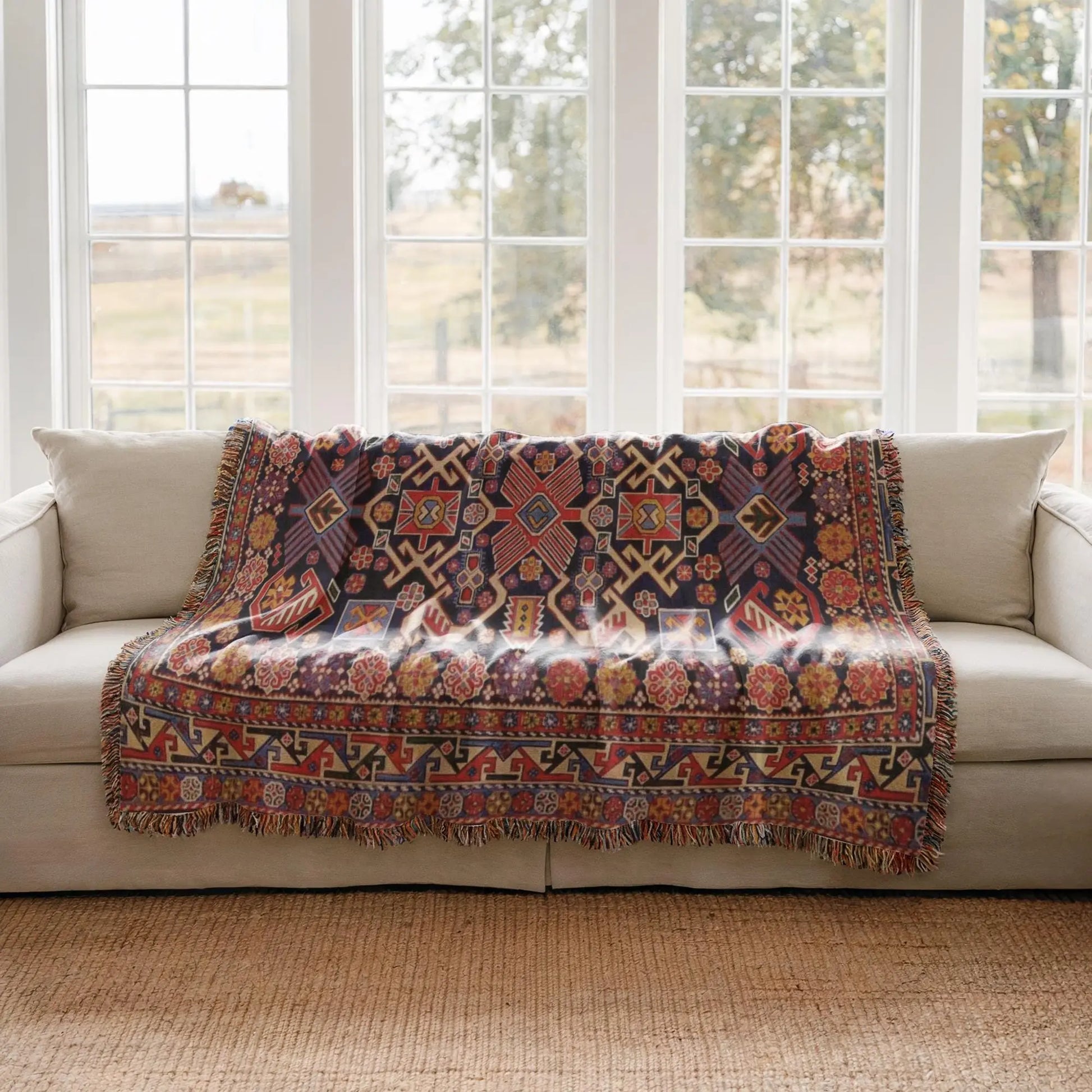 Cotton Throw Blanket – Boho Turkish Rug Patterned Woven Textile with Fringed Edges