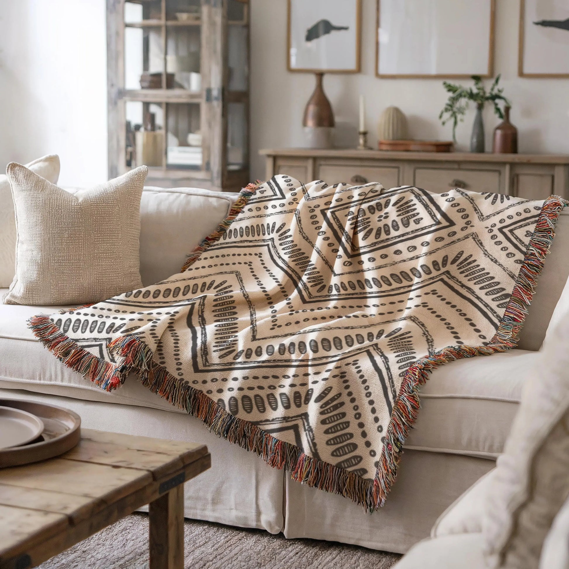 Woven Throw Blanket - Black and White Ikat Pattern Cotton Cozy Couch Throw