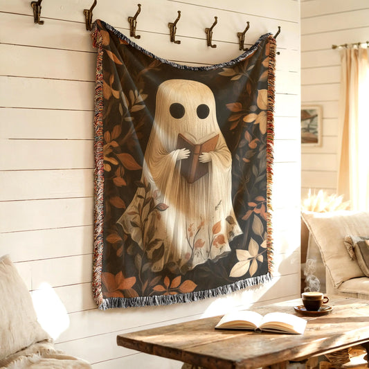 Cute Ghost Throw Blanket - Cozy Fall Cotton Woven Throw With Colorful Fringed Edges