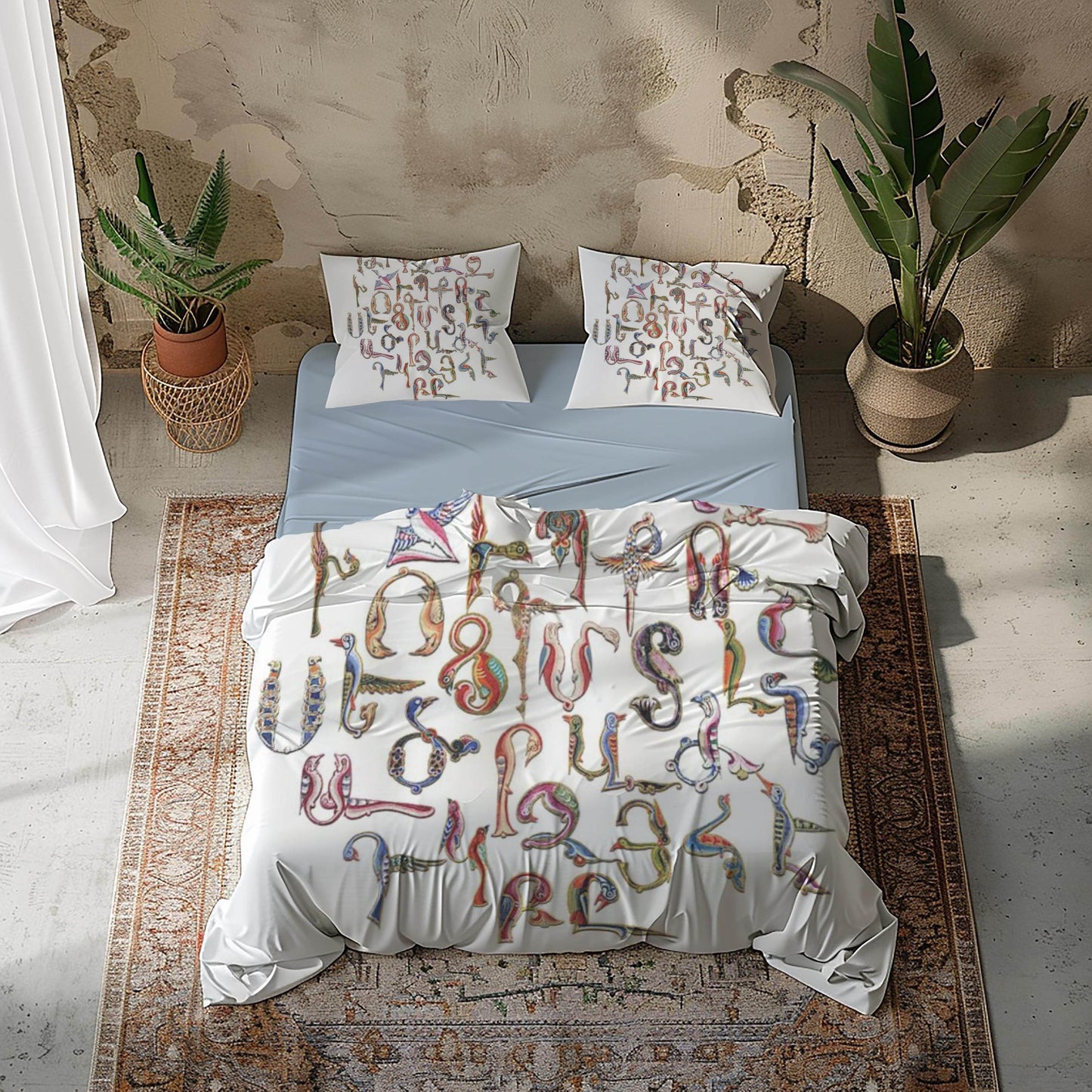Armenian Alphabet Duvet Cover - Multicolor Bedding Set with Trchnagir Pattern & Zipper Closure - timelessbohochic.com