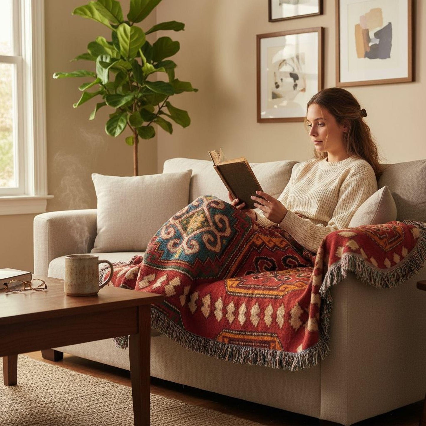 Moroccan Inspired woven blanket with woven pattern styled for layered home decor